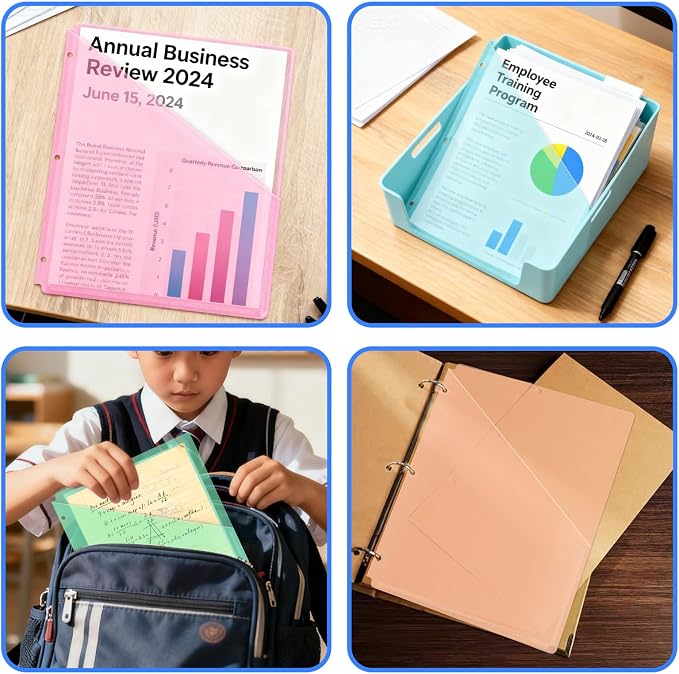 15 Pack 3 Hole Punch Colored Plastic Document Folders, Poly Translucent Slash File Jackets, US Letter/A4 Size 20C (2mm) Clear Pocket File Folders, Copy Safe Plastic Document Sleeves