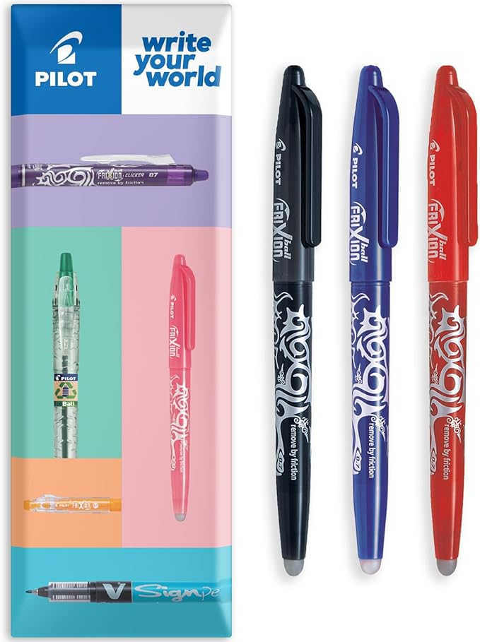 Pilot Frixion FR7 Heat/Friction Erasable Rollerball Pen 0.7mm Medium Nib Black/Blue/Red (Pack of 3)