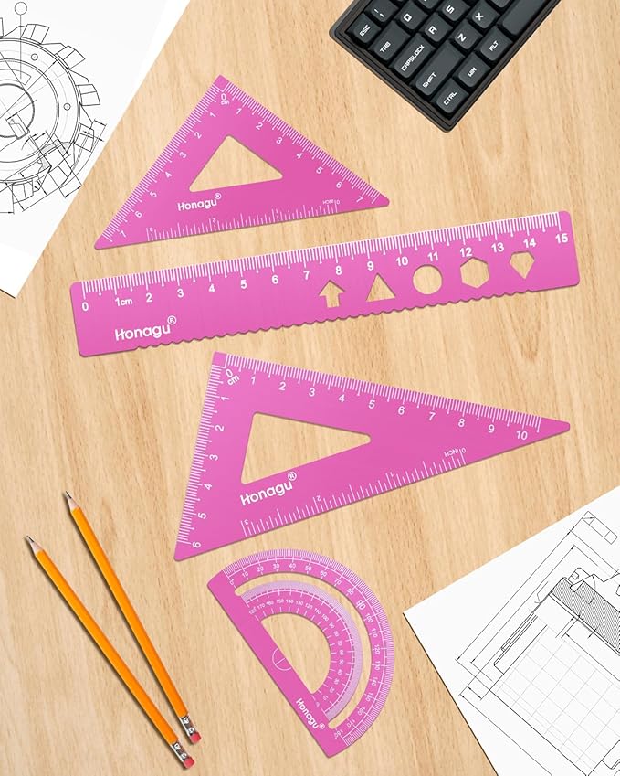Honagu Triangular Ruler Set, 4 Pieces Aluminum Alloy Ruler, Metal Drafting Ruler, Geometric Protractor for Students, Draftsmen, Engineers, Home School Office Supplies (15cm/5.9inches, Pink)