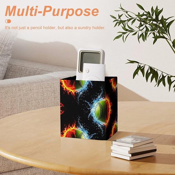 Women's Fashion Pencil Pen Holder Cup, Waterproof Office Supplies, Waterproof Multifunctional Office Supplies Ice Water Fire Flame Softball Baseballs