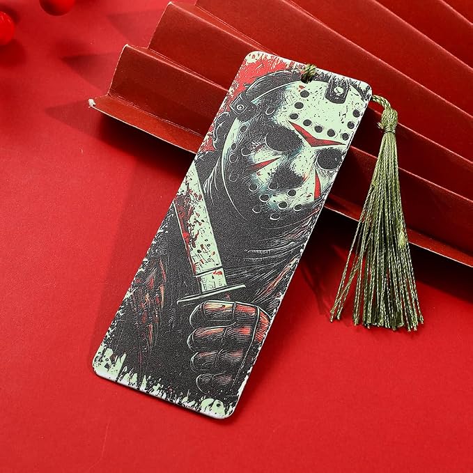 Horror Novelty Bookmark Set - 6 Creepy Tool Shapes with Blood Stain Design, Gothic Book Accessories for Halloween Gifts, Macabre Metal Page Holders with Red Tassels (4pcs Killer A)