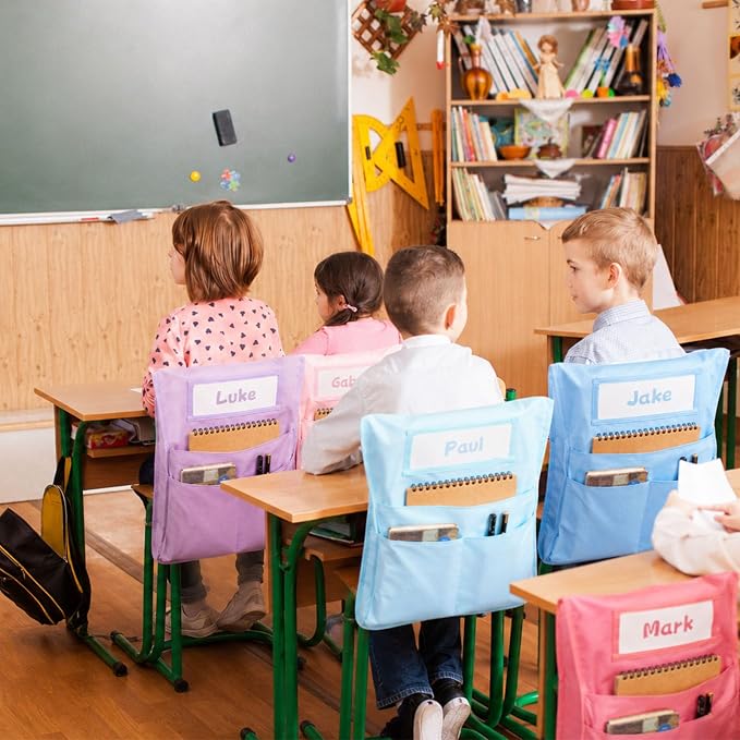 12pcs for Classroom 16.3x19.7inch Classroom Chair Pockets with Name Tag 3 Pockets Chair Organizer for Teacher Student School Office(Pink Purple)