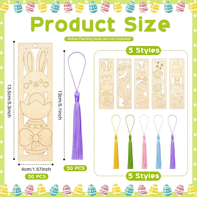 Yexiya 100 Pcs/50 Set Easter Wooden Bookmarks DIY Craft Kit, Bunny Egg Flower Bookmark Art Set for Book Lovers, Easter Birthday Party Holiday Gifts Art Project