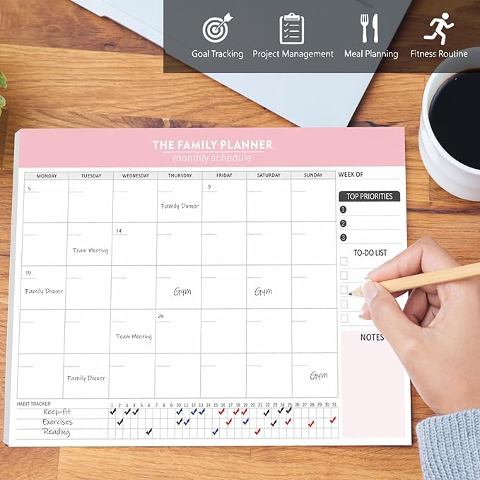 Monthly Planner Notepad with 52 Monthly Blank Calendar Sheets - 7"x10" Undated Format for Flexible Planning & Goal Tracking, Undated Blank Calendar Design for Custom Monthly Scheduling, Pink