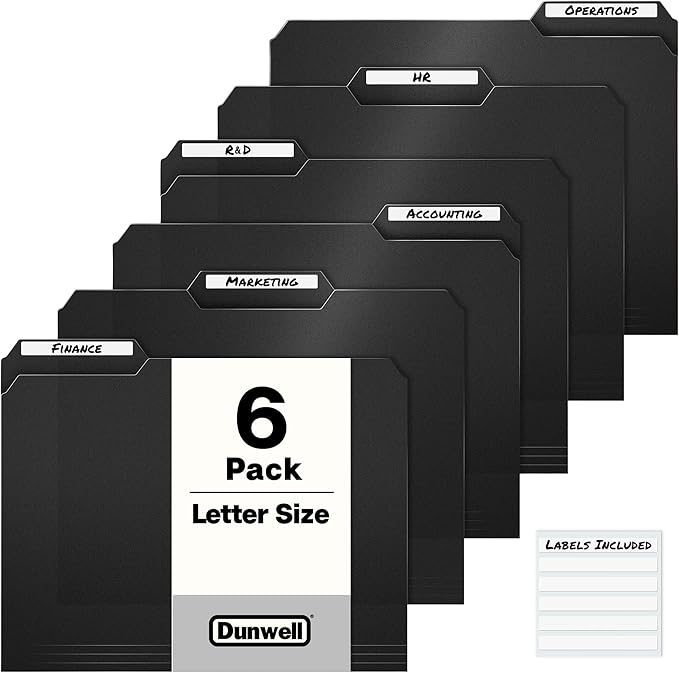 Dunwell Plastic Black 3-Tab Folders, (6 Pack), Sturdy 1/3 Tab File Folders for 8.5x11 Documents, Plastic Manila Filing Sleeves, Acid-Free Poly, Includes Labels