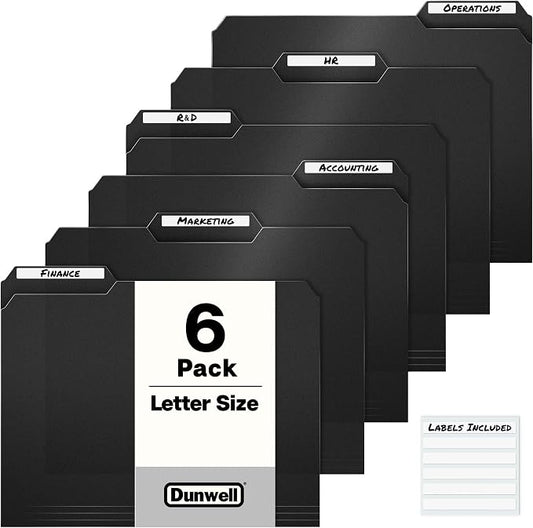 Dunwell Plastic Black 3-Tab Folders, (6 Pack), Sturdy 1/3 Tab File Folders for 8.5x11 Documents, Plastic Manila Filing Sleeves, Acid-Free Poly, Includes Labels