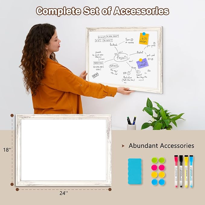 DOLLAR BOSS Magnetic Whiteboard for Wall 24" x 18" Vintage Wood Framed White Board Decorative Dry Erase Board for Home Office Shop Decor Display with 4 Markers, 8 Magnets, 1 Eraser, Vintage White