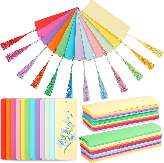 Sinmoe 120 Pcs Blank Paper Bookmarks Cardstock Colorful Tassels Craft DIY Bookmarks Bulk for Classroom Projects Gifts Tags Crafts 1.89 x 5.51 Inch (Solid Color)