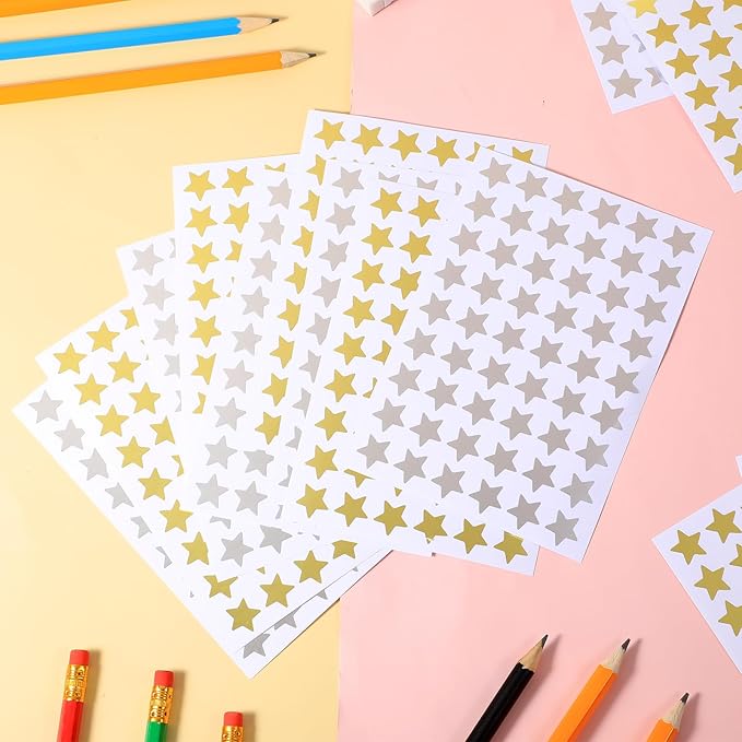 2160PCS Silver Gold Star Stickers, 40 Sheets Gold Star Stickers for Kids Reward 1.3cm/0.5 Inch Small Stars Sticker Mini Incentive Stars Sticker for Kid School Reward Crafts Decoration(Golds, Silver)