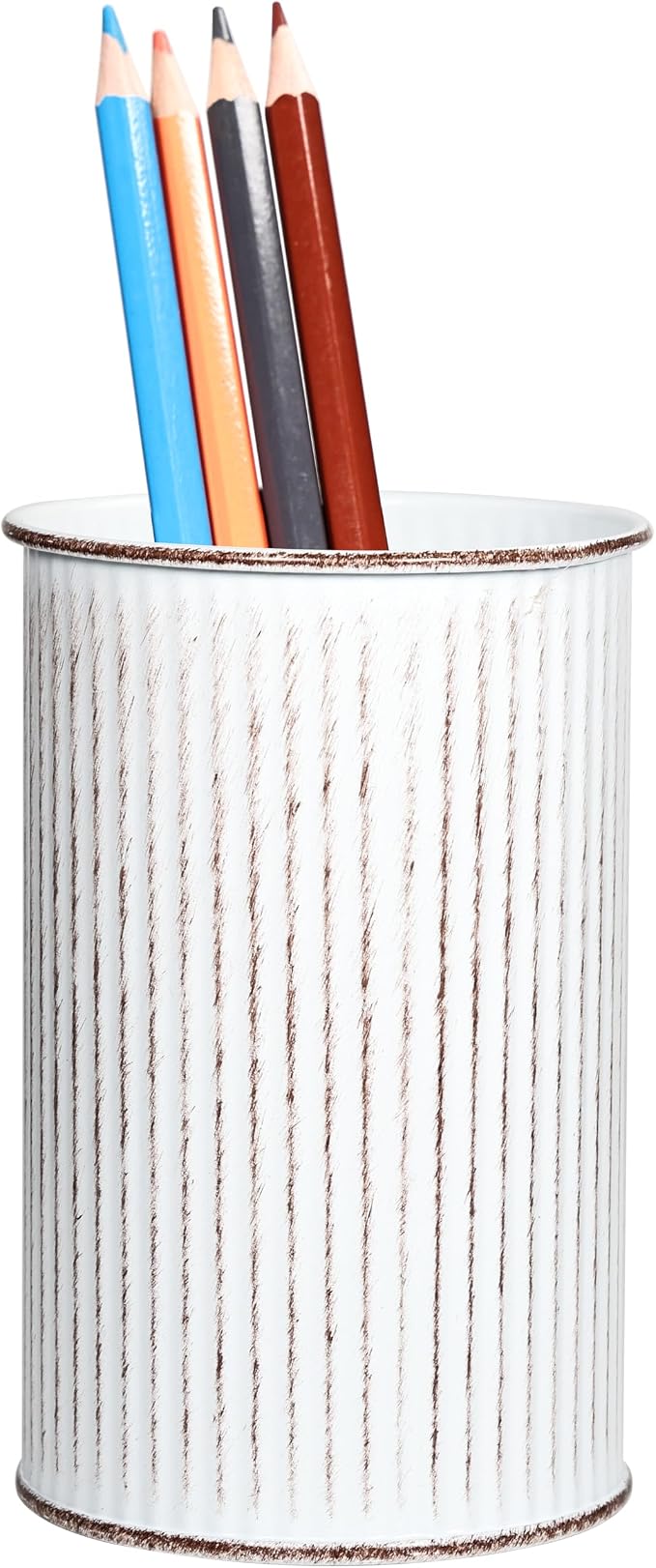 Metal Pen Holder with Vertical Groove Design, Multipurpose Desk Organizer Cup for Pens, Makeup Brushes, Utensils, Straws & Small Vase, Distressed White
