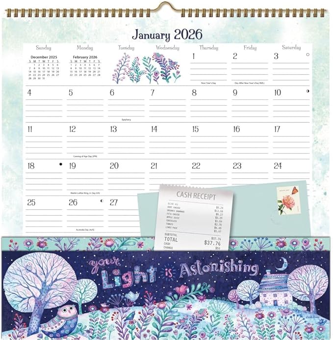 WSBL Simple Inspirations 2026 Note Nook Wall Calendar – 12-Month Organizer Calendar with Dual Storage Pockets, Uplifting Inspirational Art by Debi Hron, 12″ × 12.125″