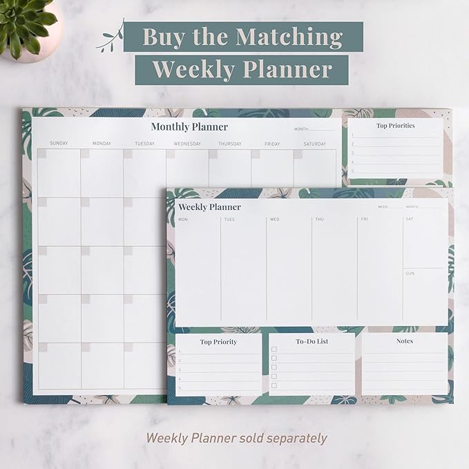 Rileys & Co Monthly Desk Pad Planner, Undated Calendar With 52 Tearaway Sheets, Wide To Do Notepad With Top Priorities and Notes, 16.5 x 11.4 Inches (Floral)