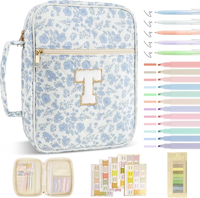 Personalized Initial Bible Cover Case for Women Girls Kid - Large Quilted Bible Case with Handle, Stylish Chenille Letter Bag Study Supplies, Perfect Christmas Gifts for Christians (Blue Flower-T)