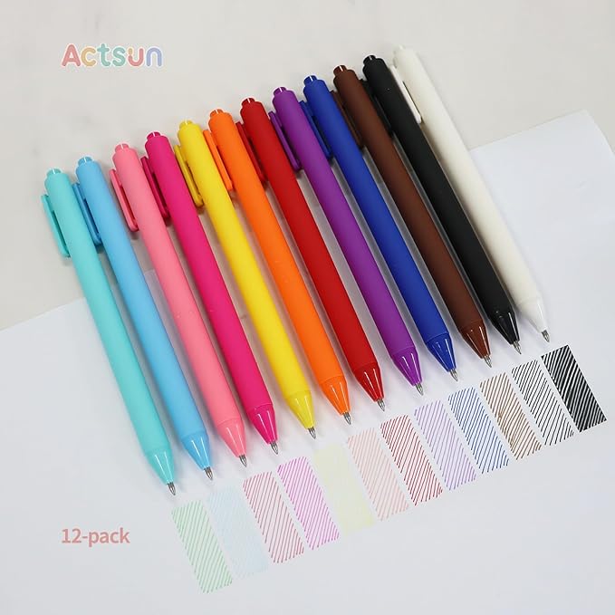 Actsun Colored Gel Pens, 12 Pcs Retractable Pastel Ink Colors, Cute Pens 0.7mm Fine Point Quick Drying for Writing Drawing Journaling Note Taking School Office Home