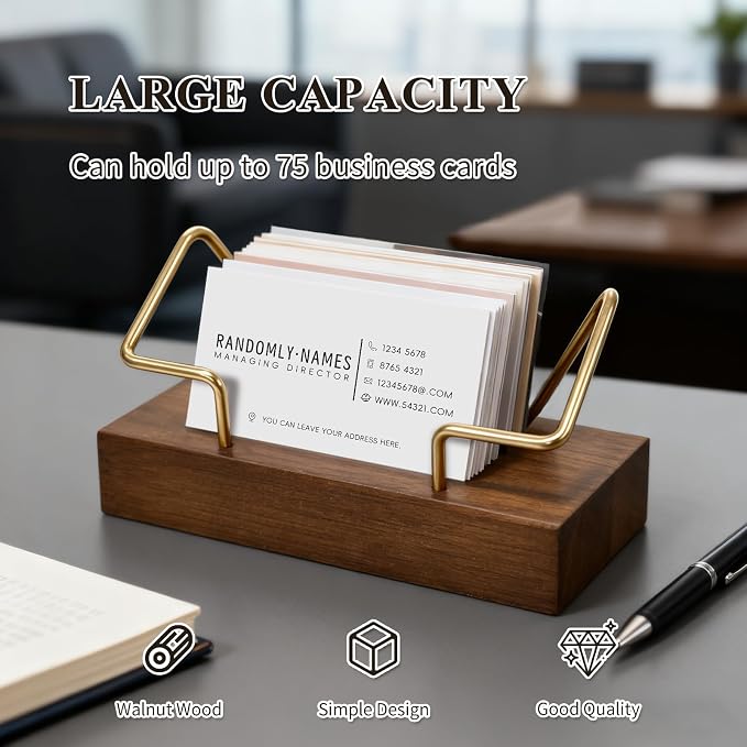 2 Pack Wood Business Card Holder for Desk, Wooden Business Name Card Display Stand Postcard Holder for Office Home Desktop,Desk Accessory Business Name Card Organizer(Walnut Color, Golden)