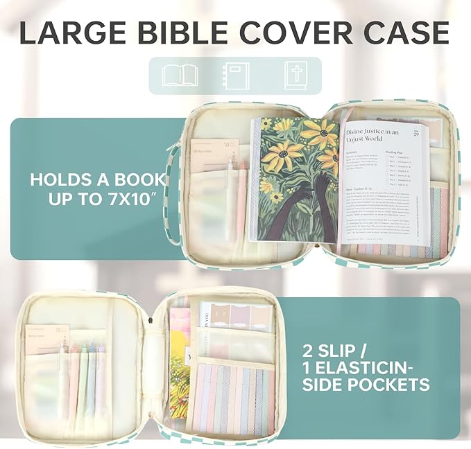 Bible Cover Case for Women Corduroy Bible Case for Girls Large Bible Cover with Handle Bible Study Supplies Accessories Christian Gifts for Women (Blue-Checkered, Medium)