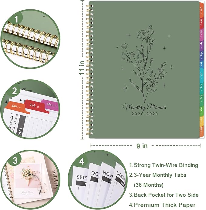 2026-2029 Planner - Monthly Planner 2026-2029, from July 2026 to December 2029, 8.5" x 11", 3 Years Calendar with Monthly Tabs and Back Pocket, Perfect for Organize