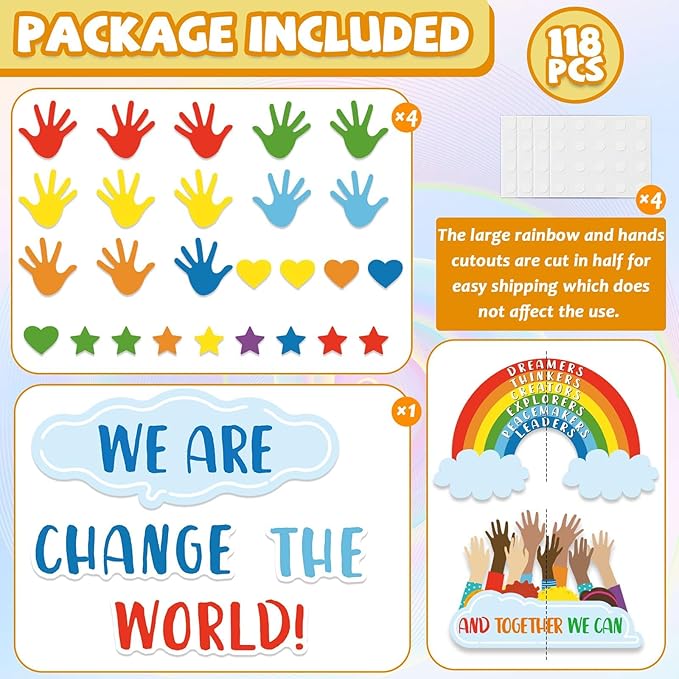 118 Pcs One World Together Classroom Decorations Positive Rainbow Cutouts Motivational Bulletin Board Set Inspirational Classroom Wall Chalkboard Door Decor for Back to School Teacher Supplies
