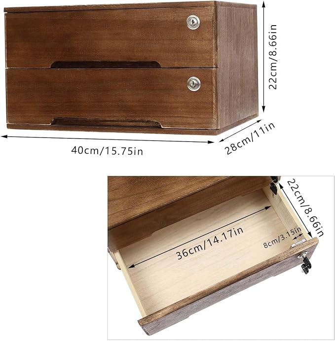 2 Drawer Small Vintage Style Wooden Storage Organizer with Lock for Accessories - Rustic Decorative Box for Office, Desktop Countertop and Incense Storage
