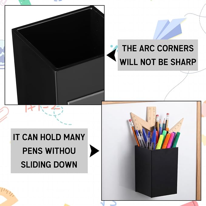 Affrolling 4 Pcs Classroom Magnetic Storage Boxes with Write Wipe Label Magnetic Storage Containers Plastics Pen Holder for Classroom Whiteboard Dry Erase Board Refrigerator Locker Organizer(Black)