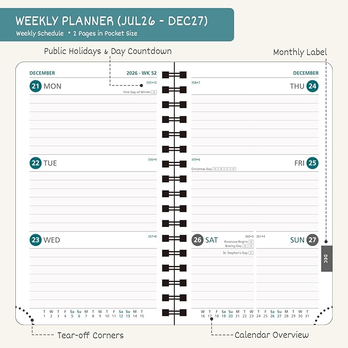 BEZEND Pocket Planner 2026-2027 Weekly and Monthly (3.5" x 6") 18 Months Small Academic Calendar (Jul 26-Dec 27) for Students, Work & Home, Storage Pocket, Spiral PU Leather Softcover -Lavender
