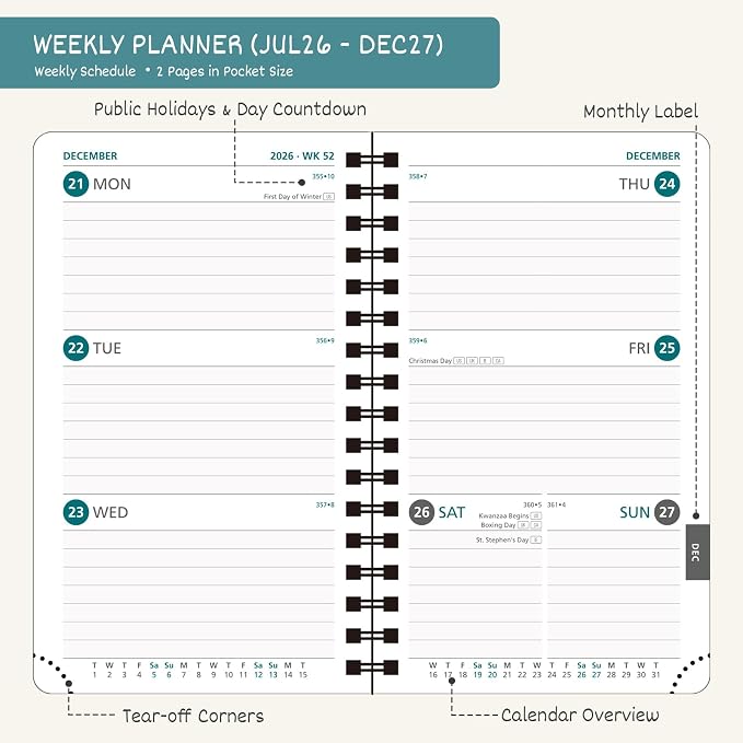 BEZEND Pocket Planner 2026-2027 Weekly and Monthly (3.5" x 6") 18 Months Small Academic Calendar (Jul 26-Dec 27) for Students, Work & Home, Storage Pocket, Spiral PU Leather Softcover -Lavender