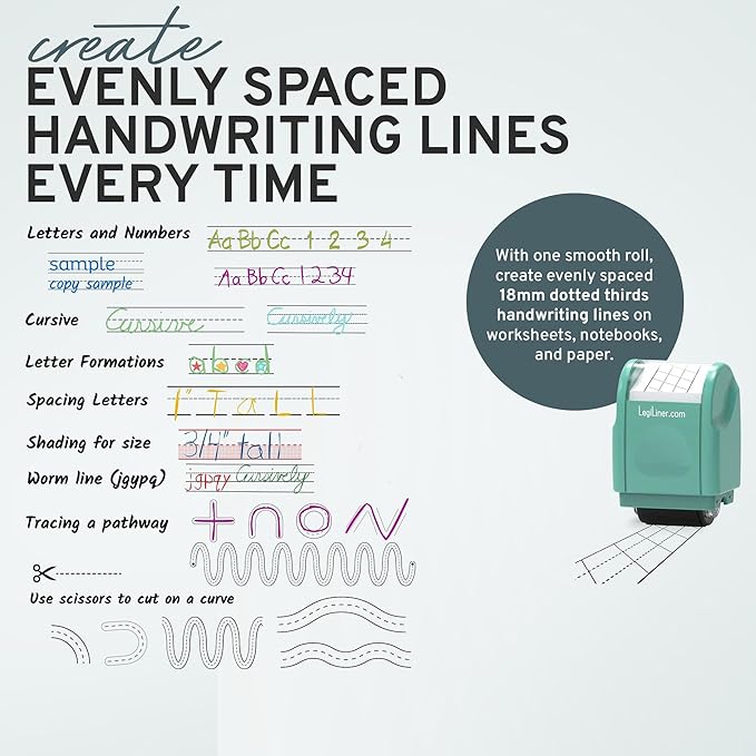 LEGILINER 3/4" Dotted Thirds Slanted Handwriting Line (Green) Teacher Stamp – Tri-Line Pattern for Calligraphy and Cursive Writing. Classroom & Home Use. Refillable Ink Writing Practice Roller Stamp.