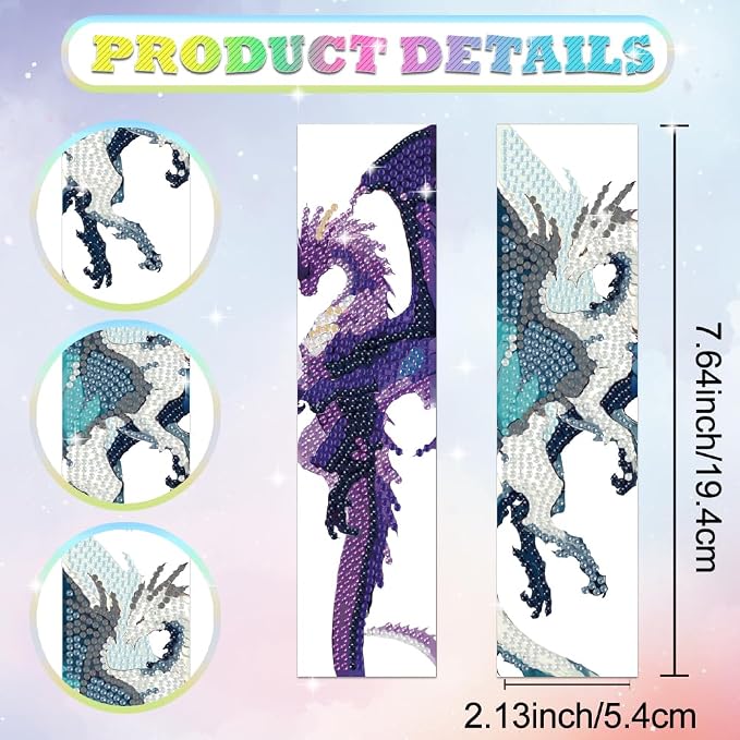 6Pcs Dragon 5D Diamond Art Bookmarks Multicolor Cartoon Animal Diamond DIY Painting Bookmarks Rhinestones Beaded Acrylic Tassel Bookmark for Adult Beginner Crafts