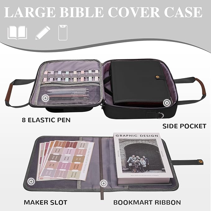 Waterproof Bible Cover Case for Women,Quilted Bible Case with Leather Handle and Bible Study Kit Includes 5 Pens, 12 Highlighters, 72 Tabs,Bible Journaling Supplies (Black)