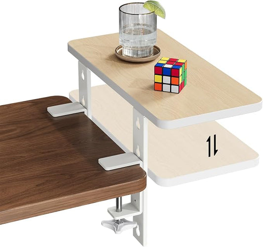 3 in 1 Clamp-on 15.7"×7.5" Desk Extender, Heavy-Duty Side/Top Desk Organizer Shelf, Adjustable Desktop Storage for Office Accessories, Monitor and Laptop Riser, Light Wood