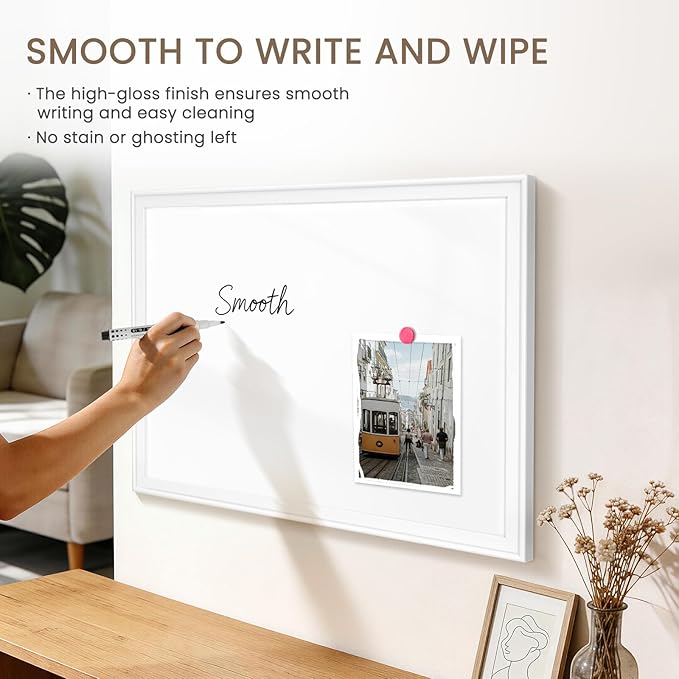 White Board for Wall, 17" x 13" Magnetic Dry Erase Board, Decorative Wooden Frame Whiteboard, Wall Mounted, Aesthetic Writing Board for Home, Office, School - White