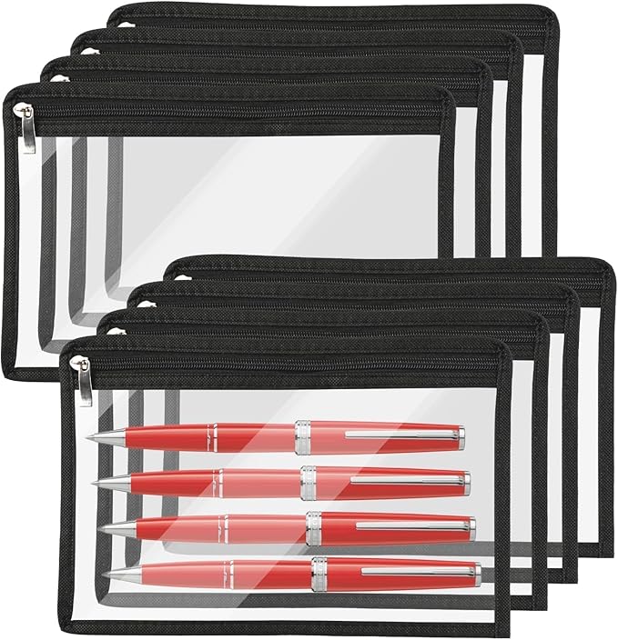 8Pcs Clear Zipper Pouches, Waterproof Pencil, Pen Bags, PVC Travel Toiletry Makeup Storage, Envelopes, File Folder Storages, Multi Purpose Pouch Office Supplies(Black Edging,11.5 x 7 Inches)