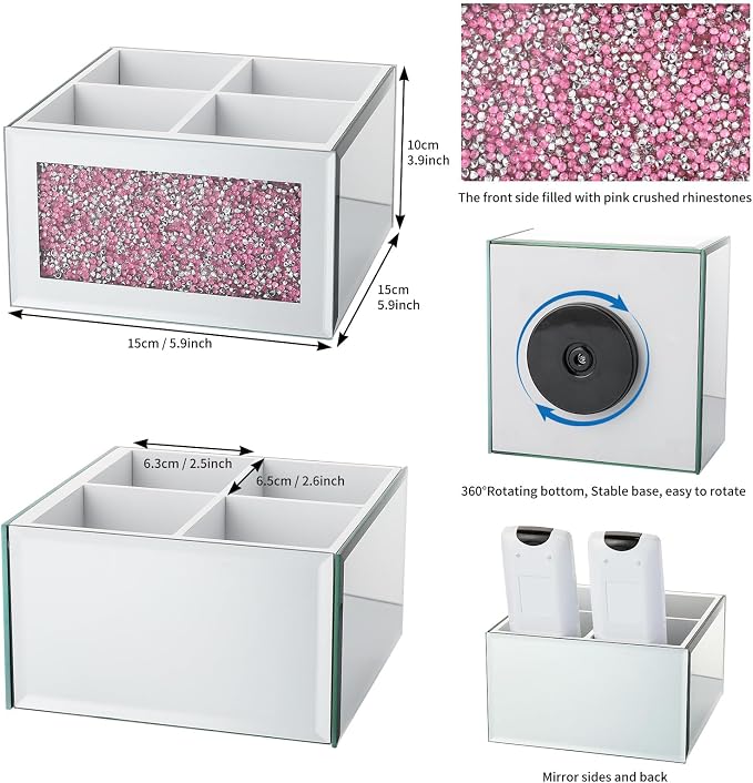 Pink 360 Rotating Remote Control Holder, Crushed Diamond TV Remote Controller Holder for Table, Desk Organizer for Pens and Pencils, Make Up Brushes, Remote Caddy Storage