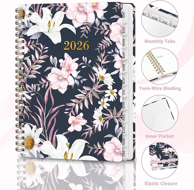 2026 Planner, Weekly and Monthly Calendar Planner, Academic Daily Agenda (Jan 2026 - Dec 2026), Hardcover Planning Notebook for Office Accessories and School Supplies, Elegant Florals