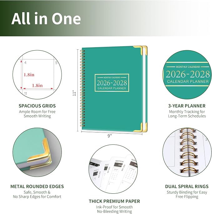 Monthly Planner 2026-2028, Hardcover 3 year calendar 2026-2027-2028 Calendar Book from Jan 2026 - Dec 2028, 9“ x 11”, Spiral Bound,Organizer for Office, School, and Home,Lake Green