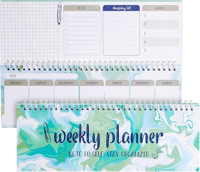 Paper Junkie Undated Weekly Planner - 11.7 x 4.1 In, Green, Spiral Bound, 52 Undated Sheets - Calendar & To Do List Notepad - Desk Planner for Teacher Supplies & Office Organization