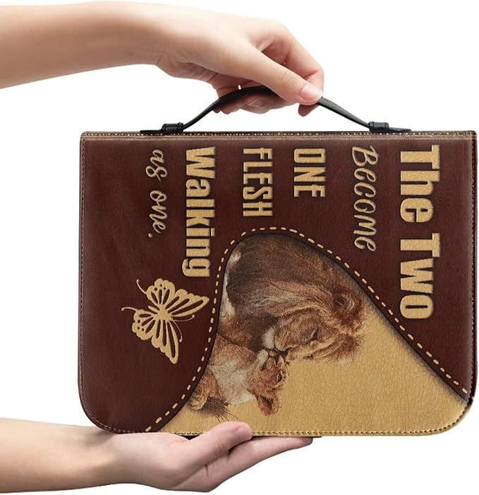 Religious Style Cross and Lion Bible Case with Bookmark Waterproof Bible Cover Case for Women Lightweight Bible Bag with Handle Pockets Church Book Bag Brown