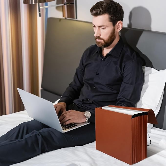 Chuangdi 5 Pcs Expanding File Folder with Flap 5.3" Expansion, Expandable File Wallet with Elastic Cord Closure, Letter Size Heavy Duty Document Organizer, 8 Slots Holds 1200 Sheets Paper, Brown