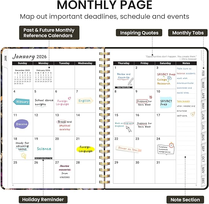 2026 Planner, Weekly and Monthly Calendar Planner for Women, Jan 2026 - Dec 2026, Hardcover Planning Agenda book with Tabs, Spiral Bound, Inner Pocket, Perfect for School Office Supplies, 8.5" x 11" - Midnight Bloom