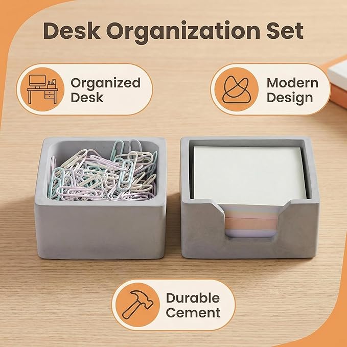 Concrete Desk Organizer Set of 2 - Minimalist Sticky Note Holder & Paper Clip Dispenser - Heavy Duty Office Desk Accessories with Non-Slip Base for Home Workspace Organizer & Desk Decor, Gray