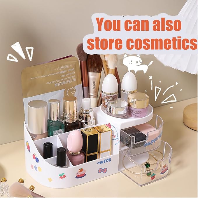 Kawaii Stationery Storage Box Makeup Organizer with 2 Drawers, Kawaii Pen Organizer with Stickers DIY Fun, Desk Organizers and Accessories with 5 Compartments for Teen Girls Office Art Supplie