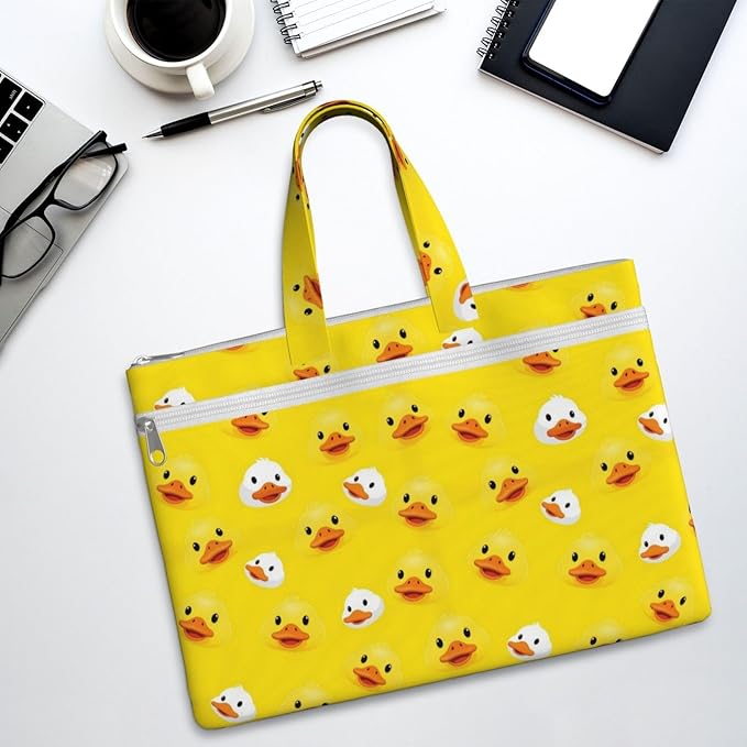 Portable Canvas Document Handbag Rubber Duck Yellow, Double Pocket Zipper Pouch with Handle for Business File Storage