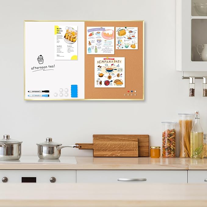 White Board Cork Board Combo, 24'' x 18'' Magnetic Dry Erase Board and Bulletin Board, Gold Aluminum Frame Vision Board Message Board for Home Office School Dorm