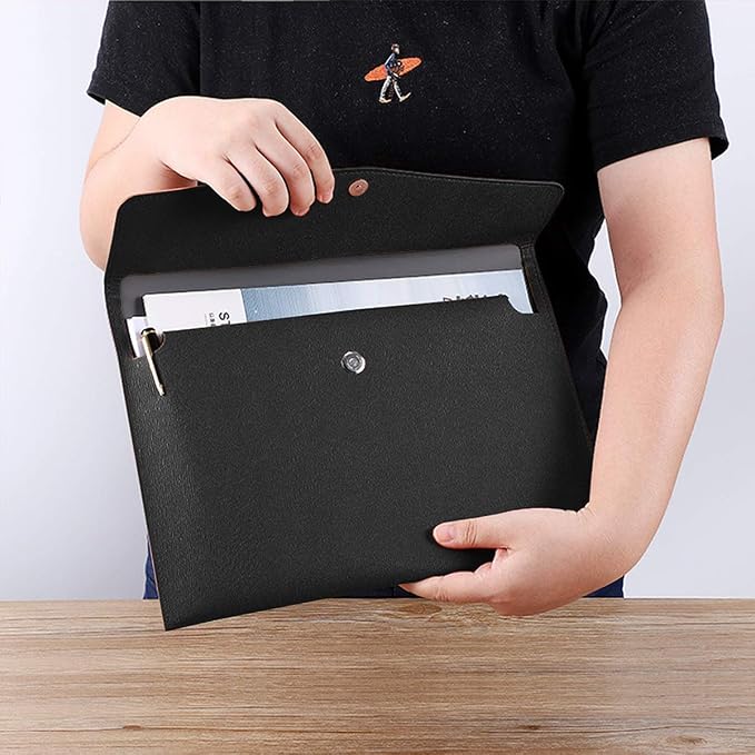 PU Leather A4 File Folder Document Holder Waterproof Portfolio Envelope Folder Case with Snap Closure Black