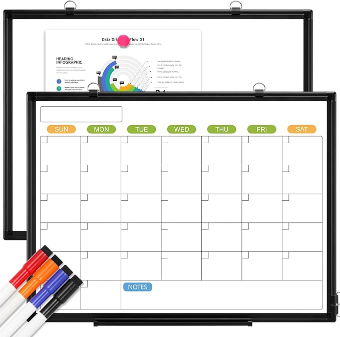 Dry Erase Calendar Whiteboard for Wall, 36" x 24" Double-Sided Magnetic Monthly WhiteBoard Calendar Dry Erase, Wall Hanging Aluminum Frame with Tray for Home, School, Office