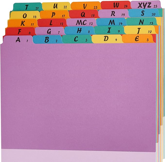 1 Set A-Z Alphabetic and Number Top Label Files, Legal Size, 25 Sheets File Dividers 1/5 Cut Label File Cabinet Dividers Desk Organizer for Office, Home and School (Rainbow)