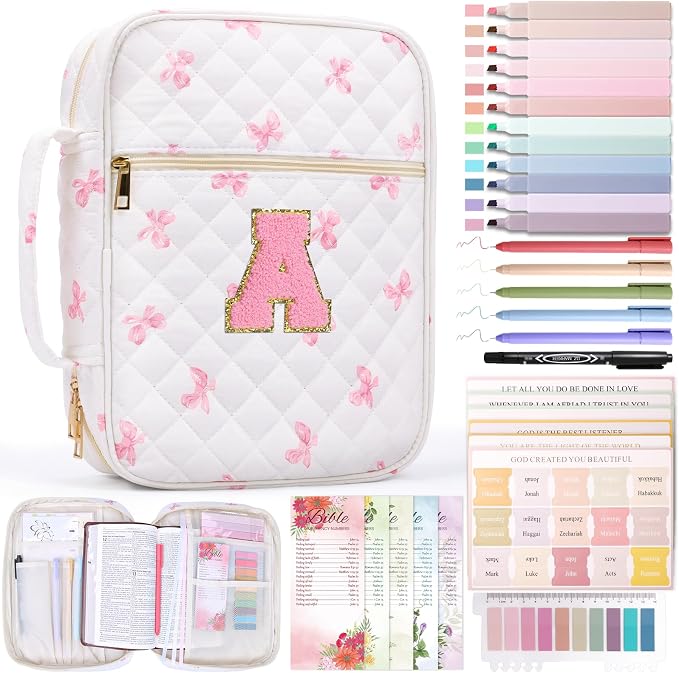 XKDOUS Bible Cover for Women Quilted Bible Bag Church Book Carrying Case with Letter A, Handle, Study Supplies Organizer Portable Church Book Carrier Christian Gifts for Mom, Lady