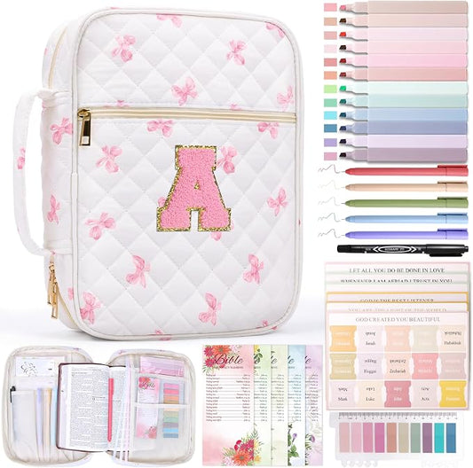 XKDOUS Bible Cover for Women Quilted Bible Bag Church Book Carrying Case with Letter A, Handle, Study Supplies Organizer Portable Church Book Carrier Christian Gifts for Mom, Lady