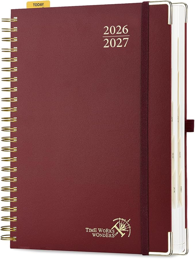 POPRUN 2026-2027 Daily Planner One Page Per Day, Large Size 8.5" x 12", Daily Calendar Book with July 2026 to June 2027, Academic Hardcover Appointment Book with Hourly Time Slots, Spiral Bound, Monthly Tabs - Burgundy