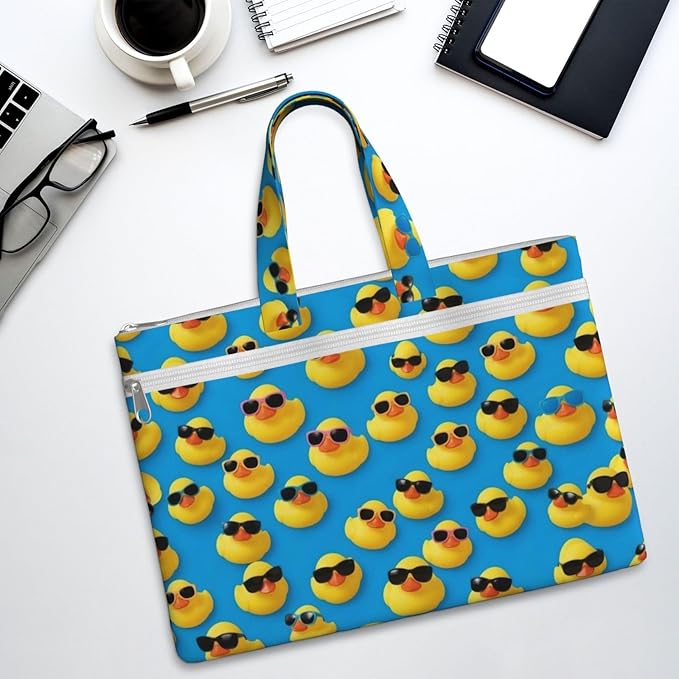 Waterproof Canvas Document Bag Cute Rubber Yellow Ducks with Sunglasses, Zippered File Briefcase with Handle for Office Meetings and Travel